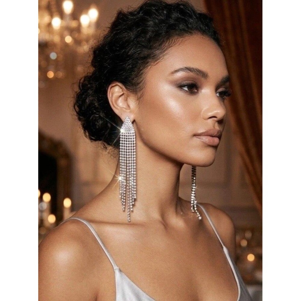 VTG Deb Rhinestone Dangle Fringe Earrings Y2K Deadstock Silver Tone Prom Formal